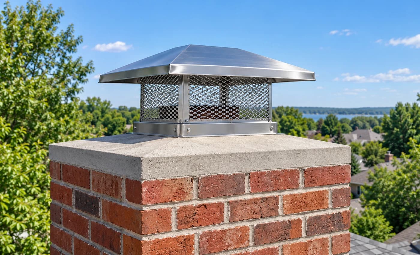 Chimney cap on top of a brick chimney