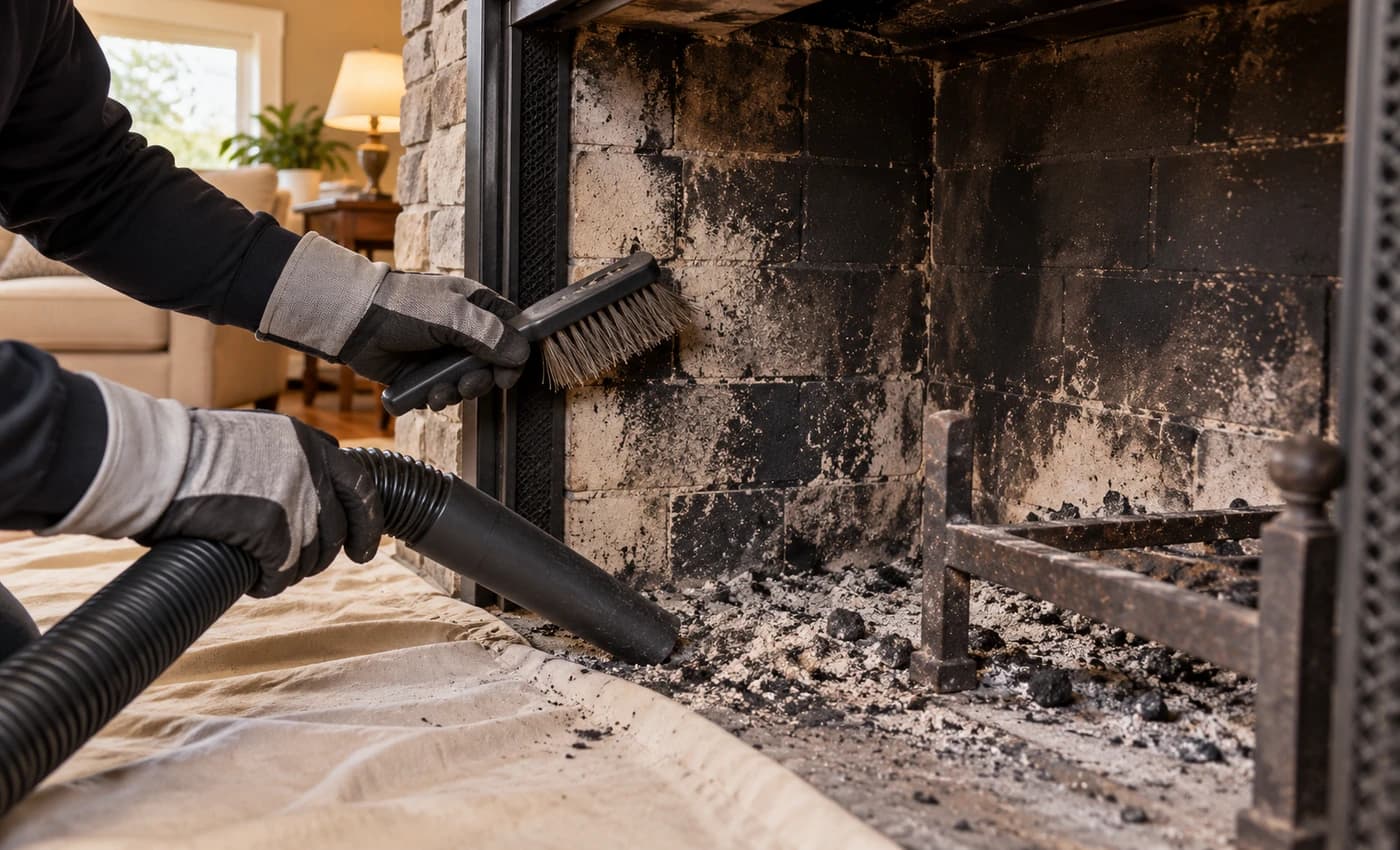 Chimney cleaning work on a fireplace flue