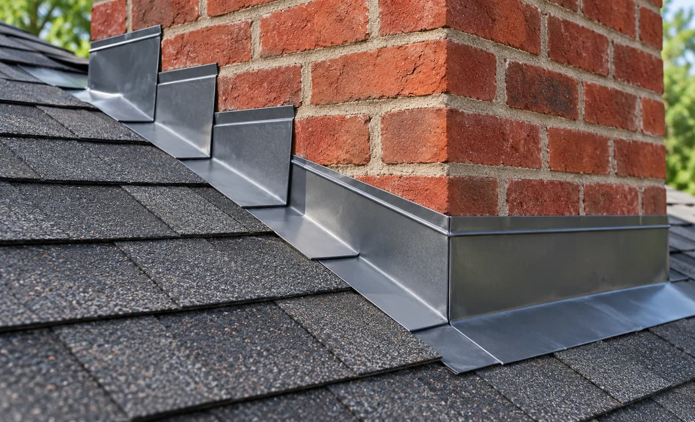 Metal flashing where a chimney meets the roof