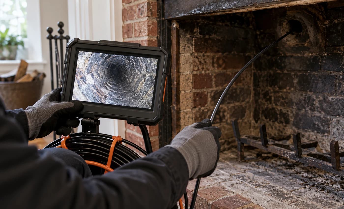 Inspecting a brick chimney with a flashlight