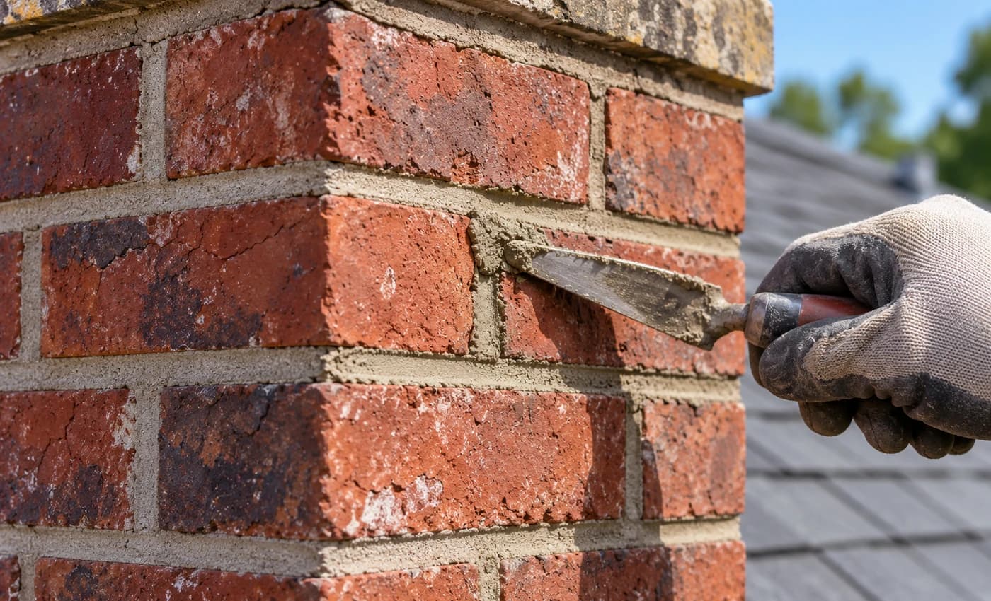 Repointing mortar joints on a brick chimney