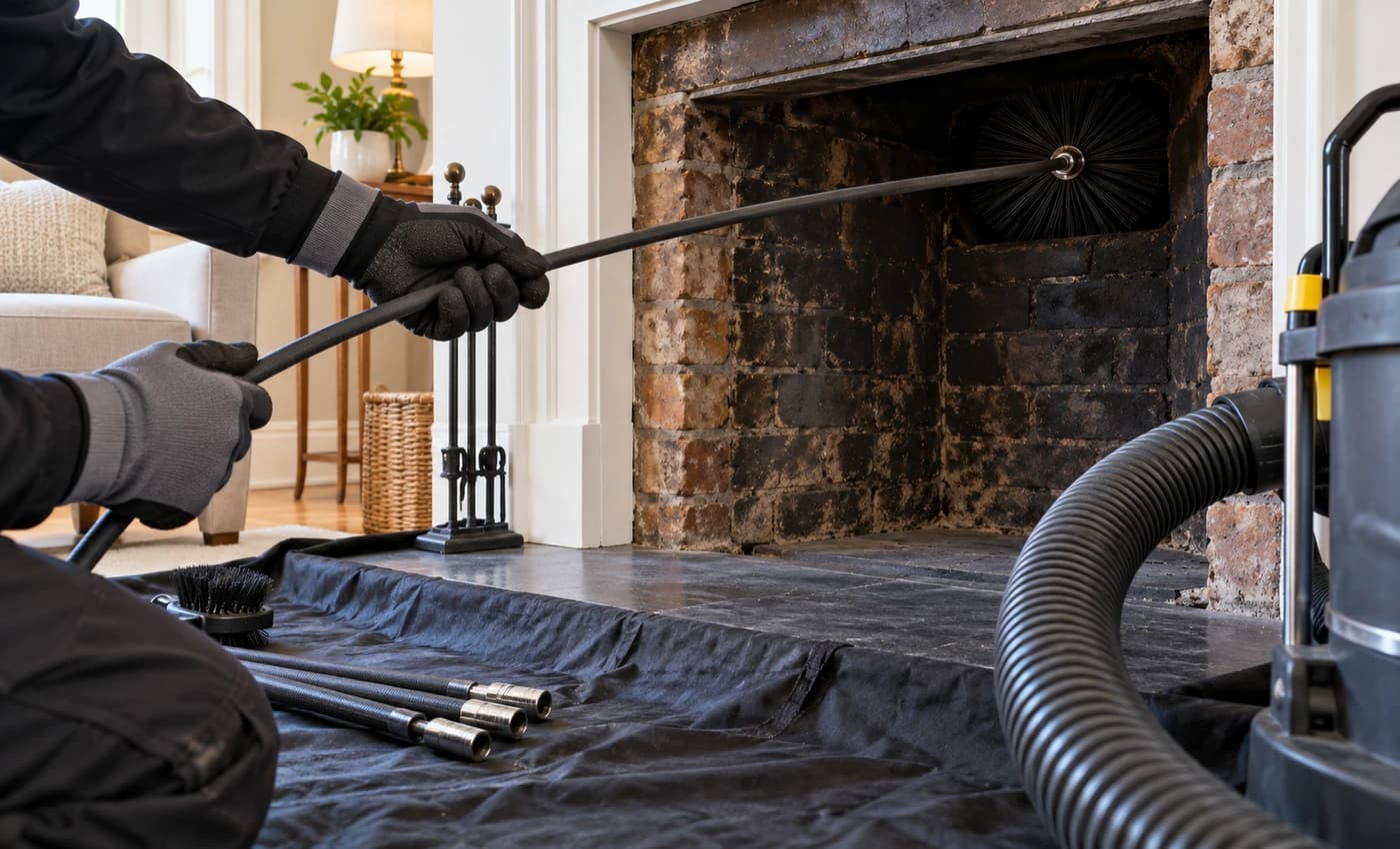Chimney sweeping work on a residential chimney