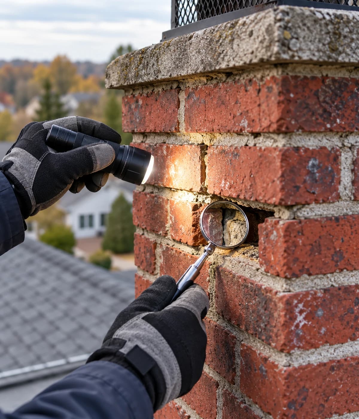 Technician examining the masonry of a brick chimney